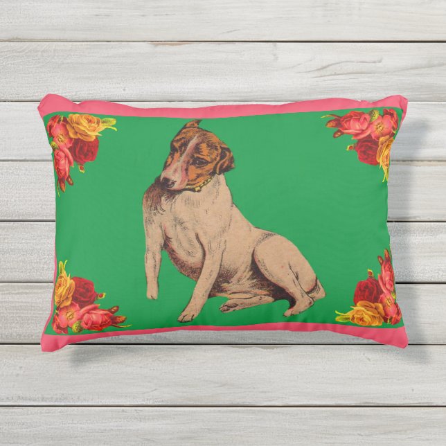 Victorian dog and flowers outdoor pillow (Front)