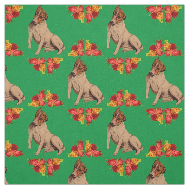 Victorian dog and flowers print fabric (Swatch)