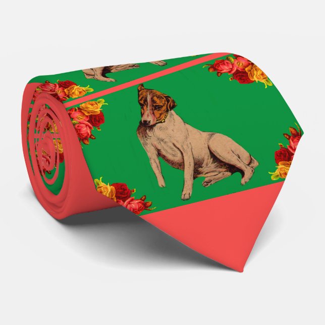 Victorian dog and flowers print neck tie (Rolled)