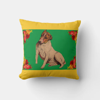 Victorian dog and flowers print throw pillow