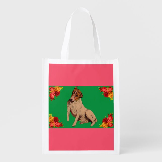 Victorian dog and flowers reusable grocery bag (Front)