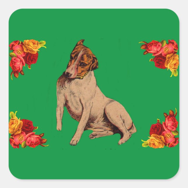 Victorian dog and flowers square sticker (Front)