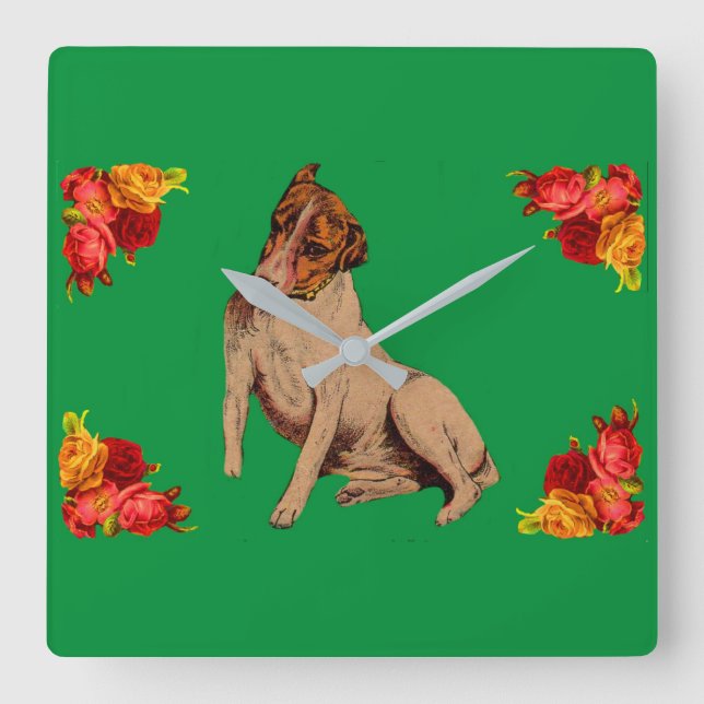 Victorian dog and flowers square wall clock (Front)