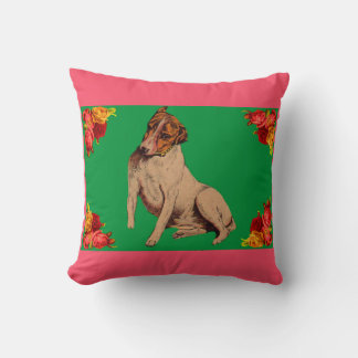 Victorian dog and flowers throw pillow