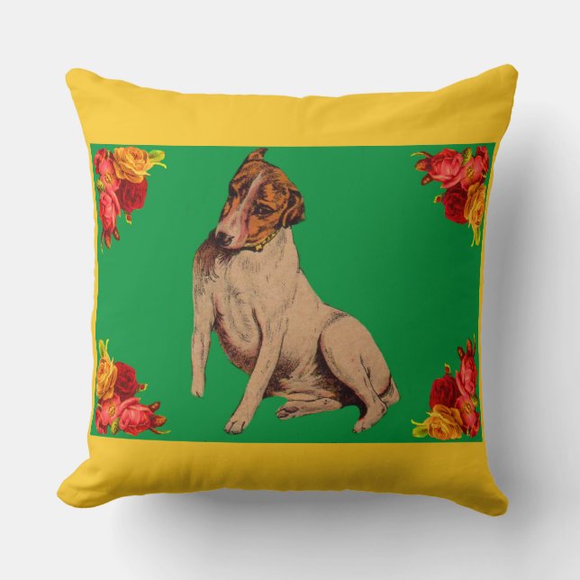 Victorian dog and flowers throw pillow (Front)
