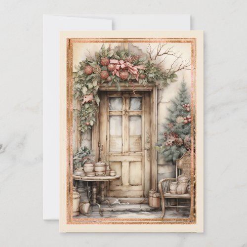Victorian Door Decorated Wreath Christmas Holiday Card