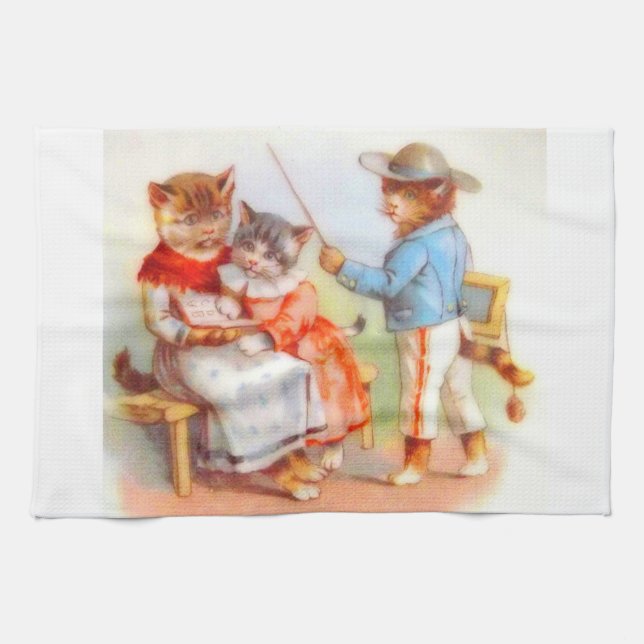 Victorian dressed kitty cats family kitchen towel (Horizontal)