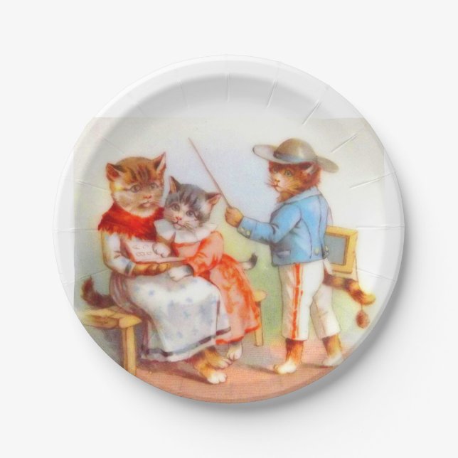 Victorian dressed kitty cats family paper plates (Front)
