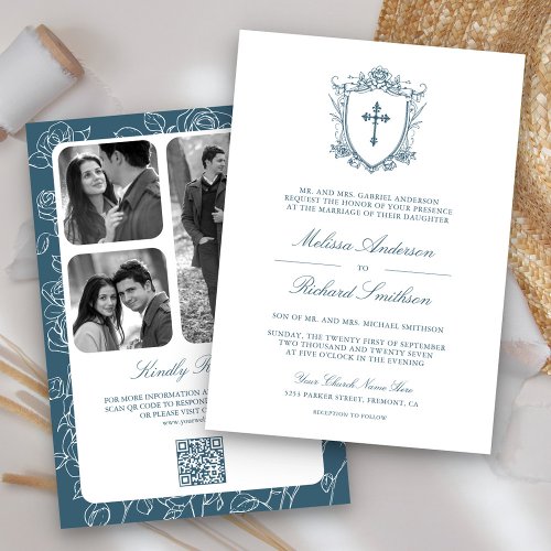 Victorian Dusty Blue Catholic QR Code Wedding Invitation