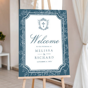 Victorian Dusty Blue Catholic Wedding Welcome Sign
