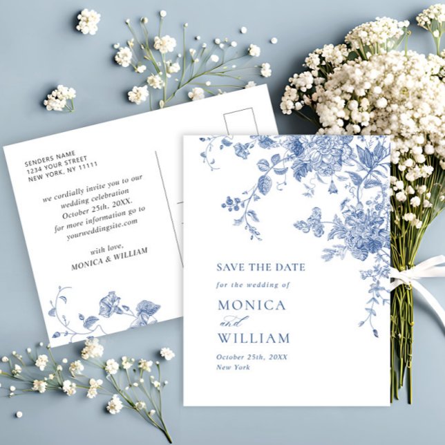 Victorian Dusty Blue Floral Wedding Save the Date Postcard (Creator Uploaded)