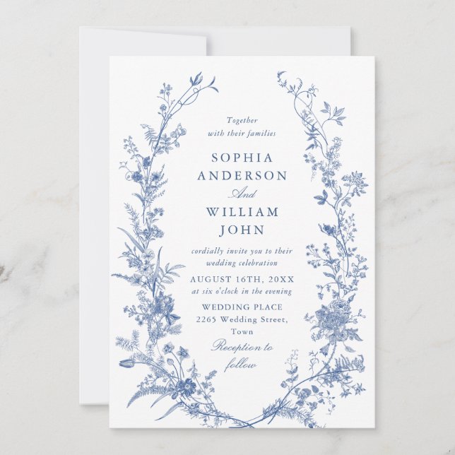Victorian Dusty Blue French Garden Floral Wedding Invitation (Front)