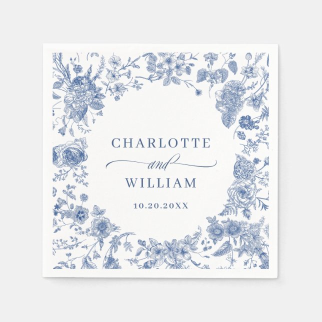 Victorian Dusty Blue French Garden Floral Wedding Napkins (Front)