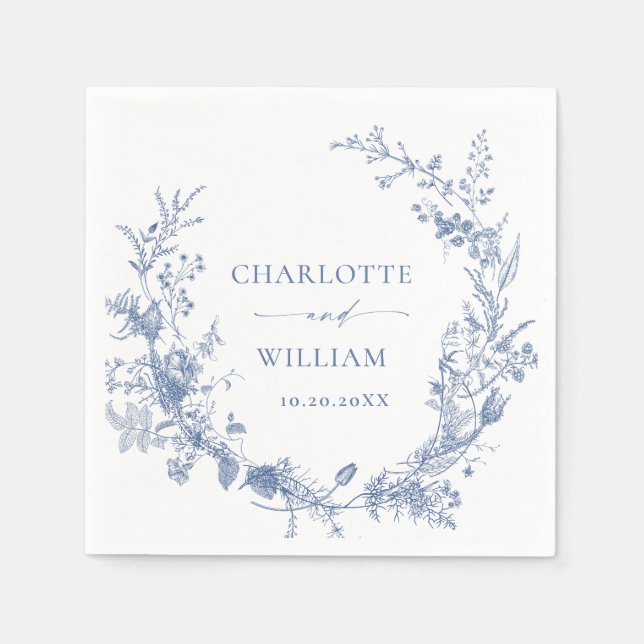 Victorian Dusty Blue French Garden Floral Wedding Napkins (Front)
