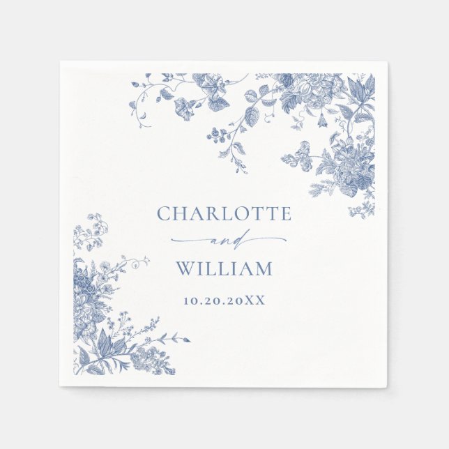 Victorian Dusty Blue French Garden Floral Wedding Napkins (Front)