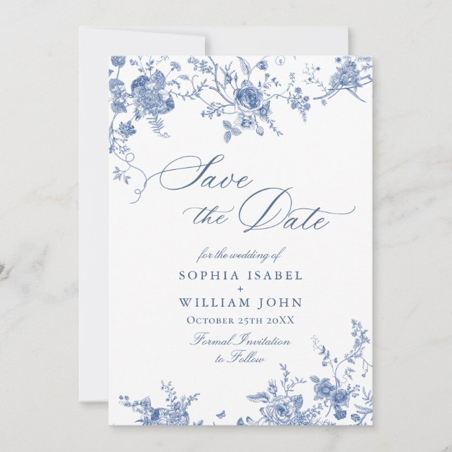 Victorian Dusty Blue French Garden Floral Wedding Save The Date (Front)