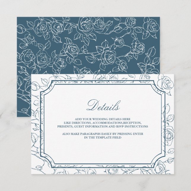 Victorian Dusty Blue Line Art Wedding Details Enclosure Card (Front/Back)