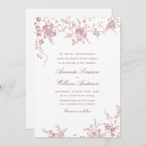 Victorian Dusty Blush Pink French Garden Wedding Invitation