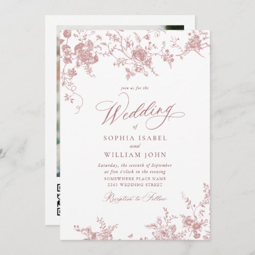 Victorian Dusty Pink French Garden QR code Wedding Invitation