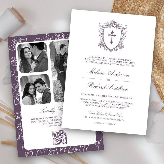 Victorian Dusty Purple Catholic QR Code Wedding Invitation (Creator Uploaded)