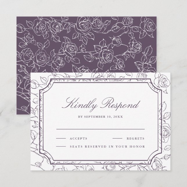 Victorian Dusty Purple Floral Line Art Wedding RSVP Card (Front/Back)