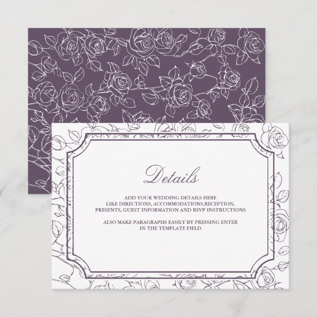 Victorian Dusty Purple Line Art Wedding Details Enclosure Card (Front/Back)