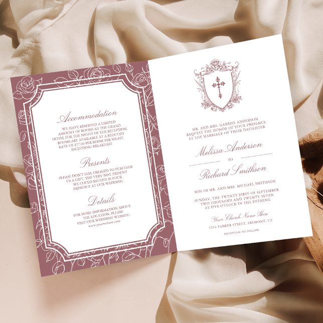 Victorian Dusty Rose Catholic QR Code Wedding Invitation (Creator Uploaded)