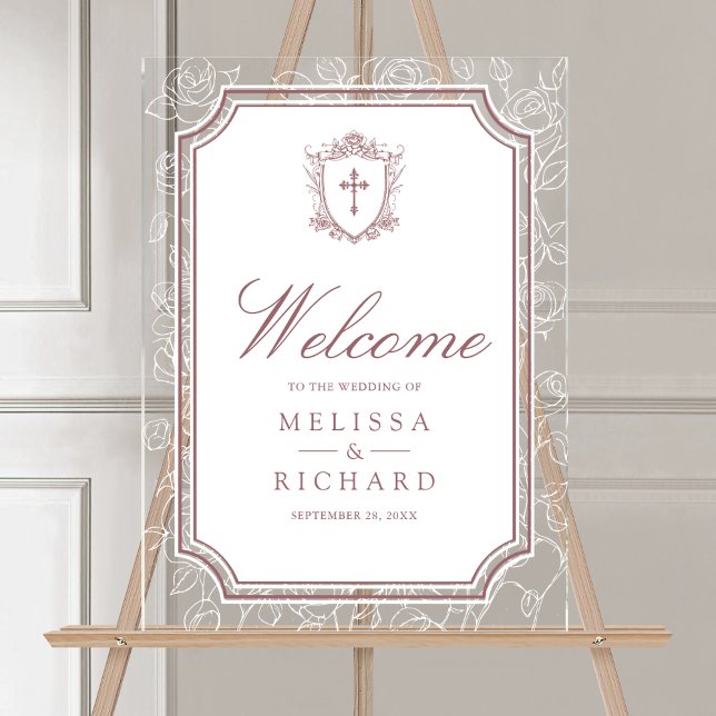 Victorian Dusty Rose Catholic Wedding Welcome Acrylic Sign (Creator Uploaded)