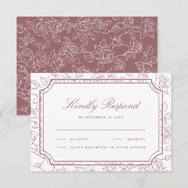 Victorian Dusty Rose Floral Line Art Wedding RSVP Card (Front/Back)