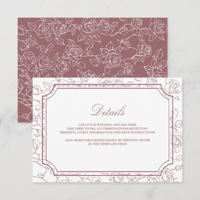 Victorian Dusty Rose Line Art Wedding Details Enclosure Card (Front/Back)