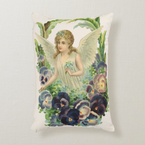 Victorian Easter Angel with Purple Pansy Flowers Accent Pillow