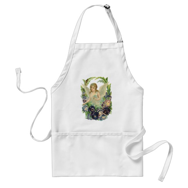 Victorian Easter Angel with Purple Pansy Flowers Adult Apron (Front)