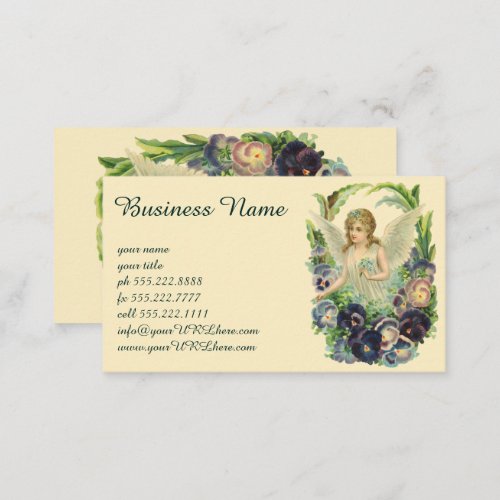 Victorian Easter Angel with Purple Pansy Flowers Business Card