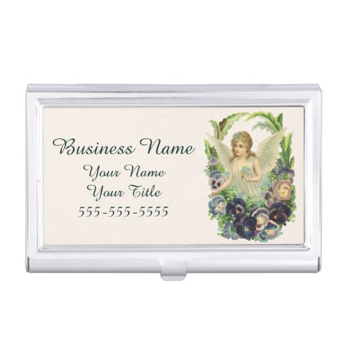 Victorian Easter Angel with Purple Pansy Flowers Business Card Holder