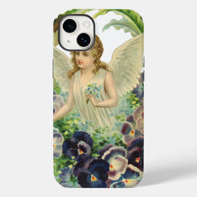 Victorian Easter Angel with Purple Pansy Flowers Case-Mate iPhone Case (Back)