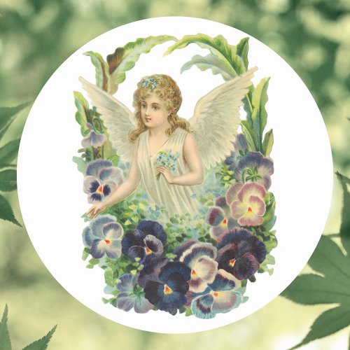 Victorian Easter Angel with Purple Pansy Flowers Classic Round Sticker