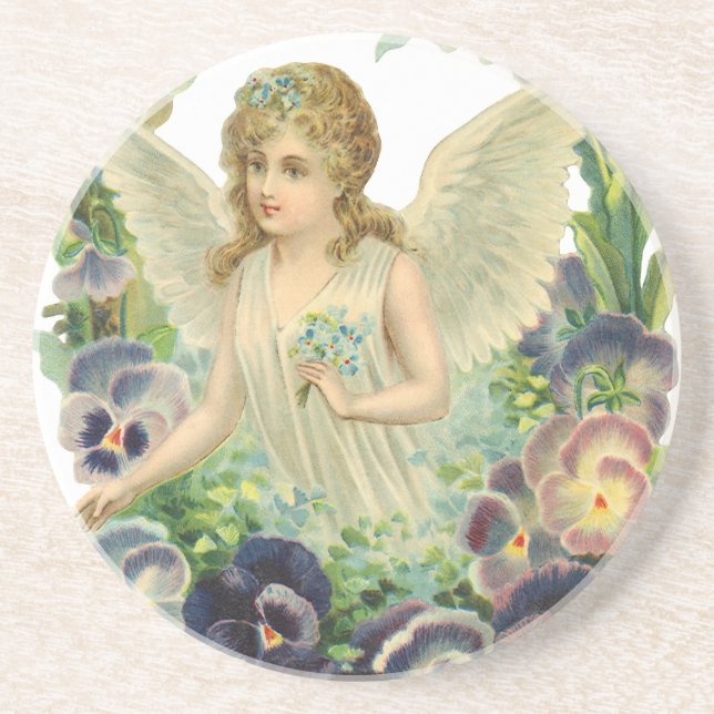 Victorian Easter Angel with Purple Pansy Flowers Drink Coaster (Front)