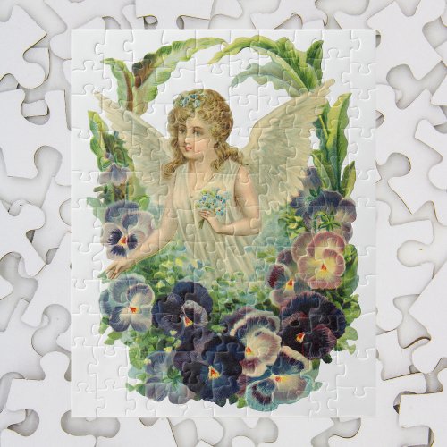 Victorian Easter Angel with Purple Pansy Flowers Jigsaw Puzzle