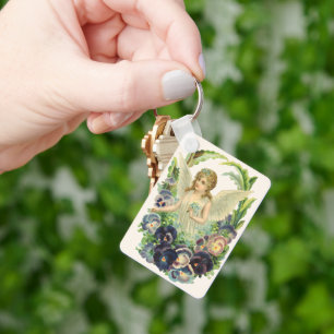 Victorian Easter Angel with Purple Pansy Flowers Keychain