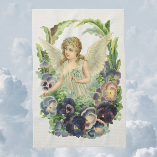 Victorian Easter Angel with Purple Pansy Flowers Kitchen Towel