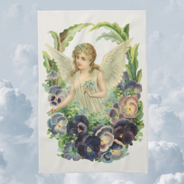 Victorian Easter Angel with Purple Pansy Flowers Kitchen Towel (Creator Uploaded)