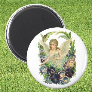 Victorian Easter Angel with Purple Pansy Flowers Magnet
