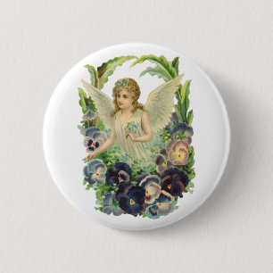 Victorian Easter Angel with Purple Pansy Flowers Pinback Button