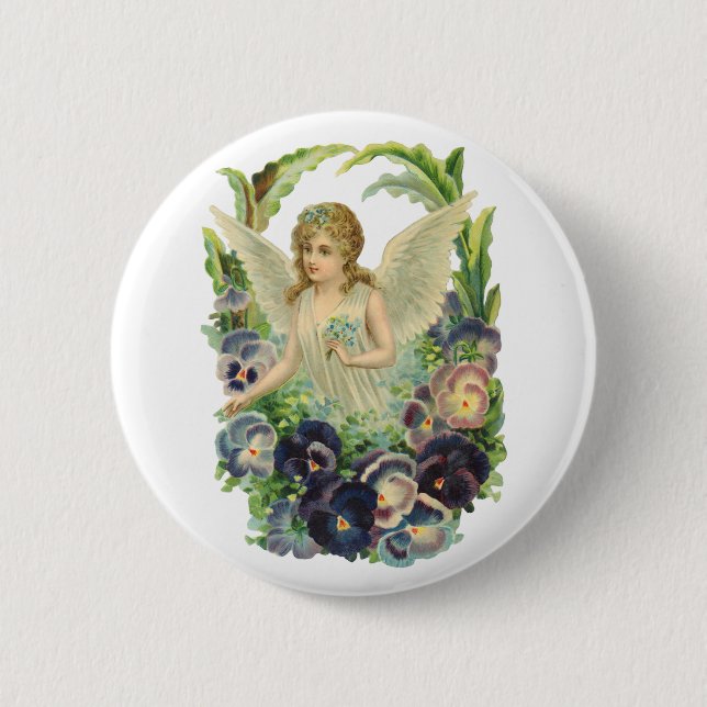 Victorian Easter Angel with Purple Pansy Flowers Pinback Button (Front)