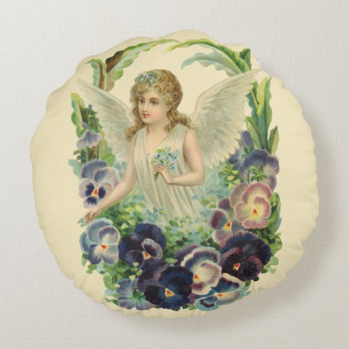 Victorian Easter Angel with Purple Pansy Flowers Round Pillow