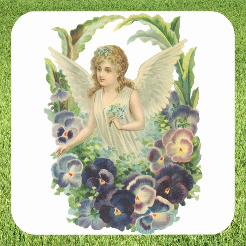 Victorian Easter Angel with Purple Pansy Flowers Square Sticker