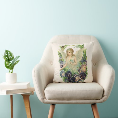 Victorian Easter Angel with Purple Pansy Flowers Throw Pillow