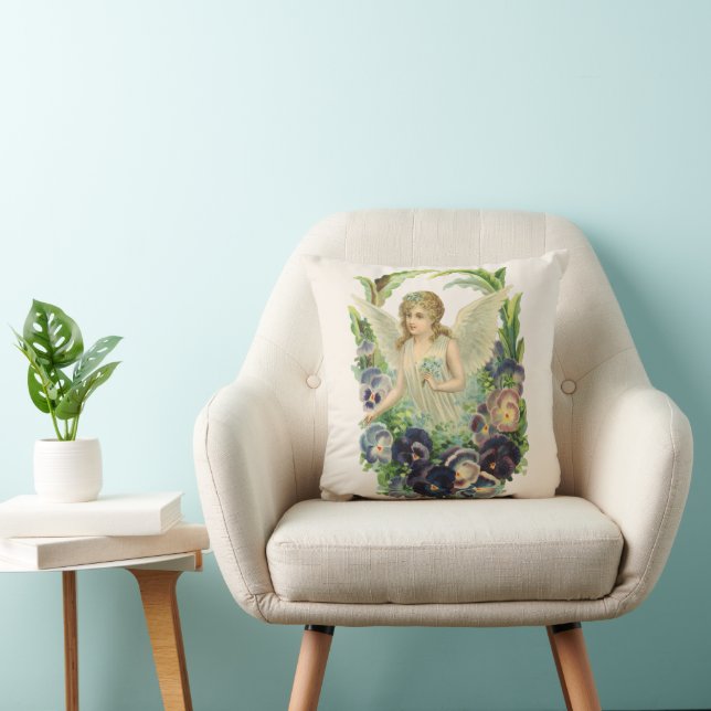 Victorian Easter Angel with Purple Pansy Flowers Throw Pillow (Chair)