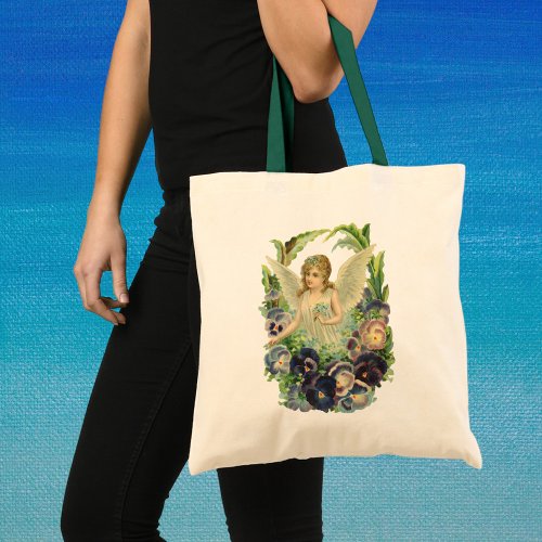 Victorian Easter Angel with Purple Pansy Flowers Tote Bag