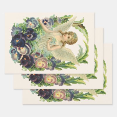 Victorian Easter Angel with Purple Pansy Flowers Wrapping Paper Sheets
